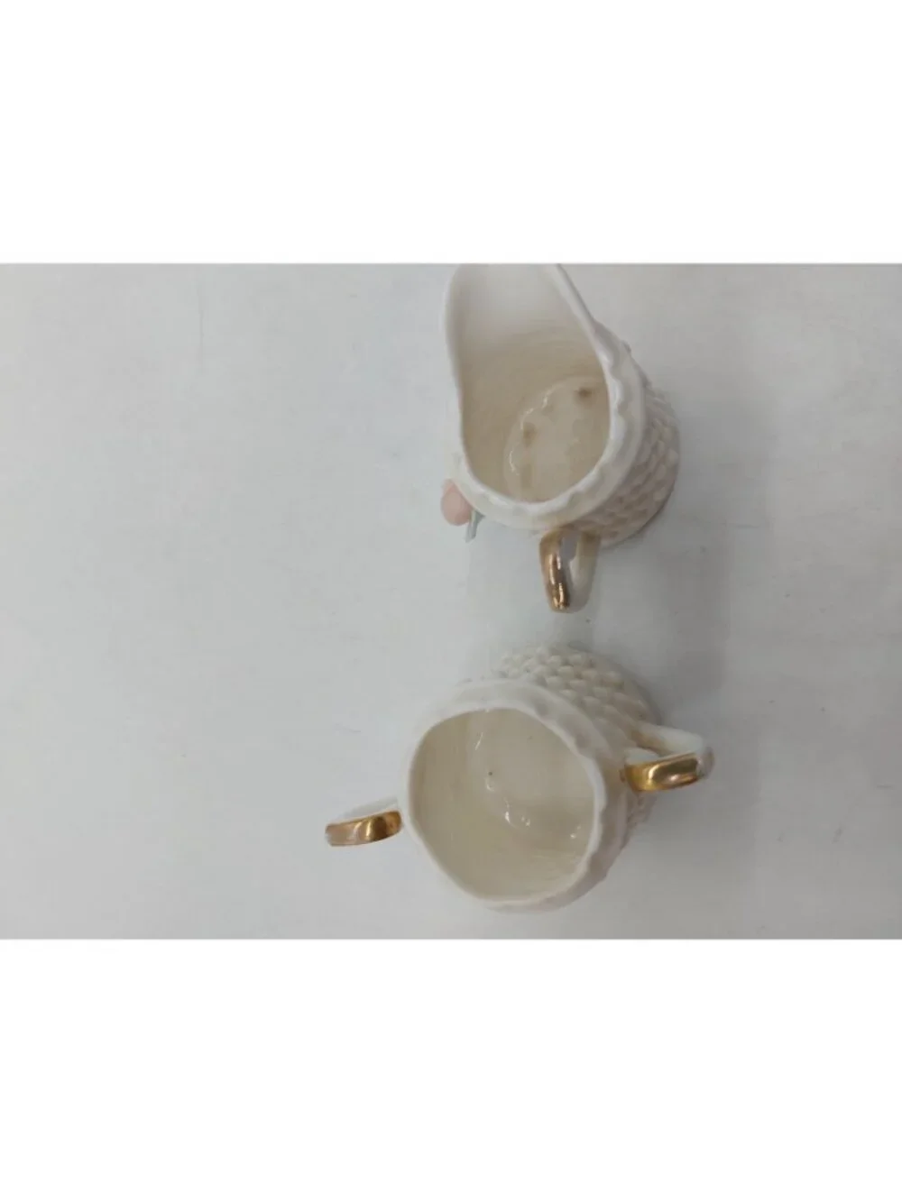 Vintage Mini White Gold Trim Hobnail Creamer And Sugar Floral 2